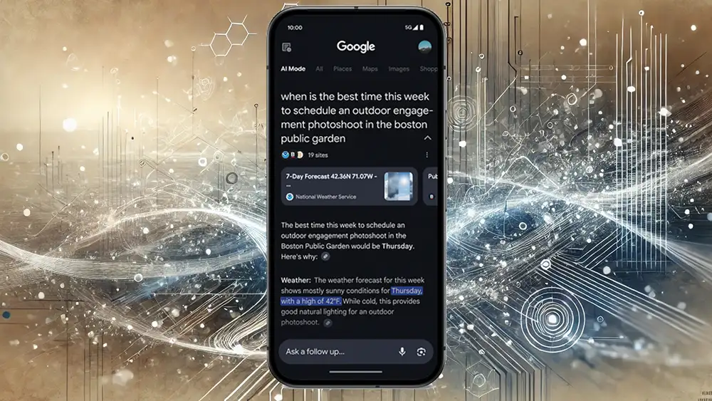 Una rappresentazione grafica dell'interfaccia di ricerca di AI Mode su smartphone