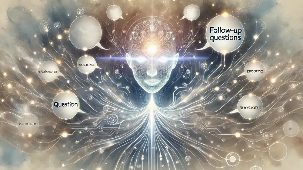 La rappresentazione di un'intelligenza artificiale che dialoga con un utente attraverso domande di follow-up