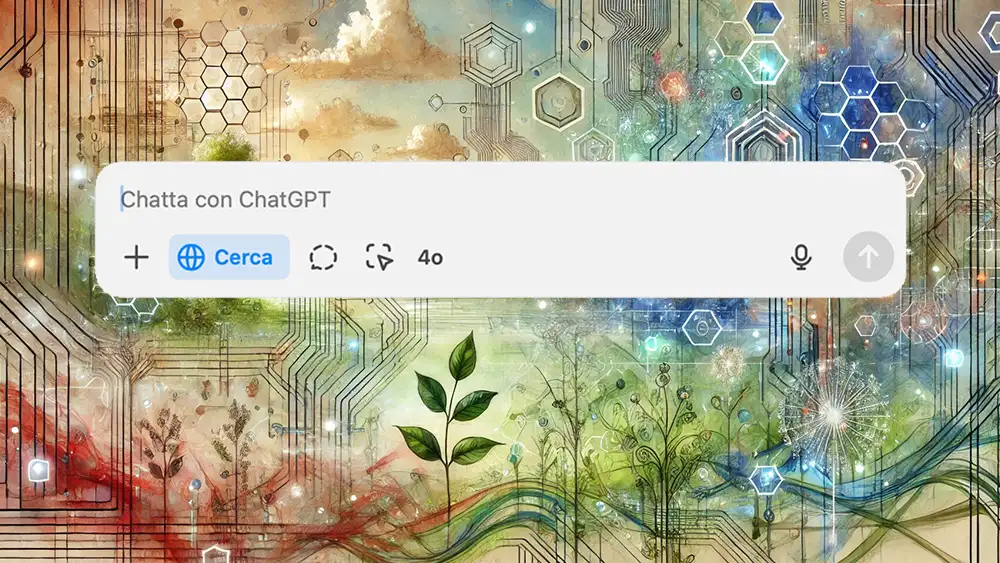 Il box di prompt di ChatGPT con l'icona di ricerca attiva e con uno sfondo che rappresenta tecnologia e innovazione