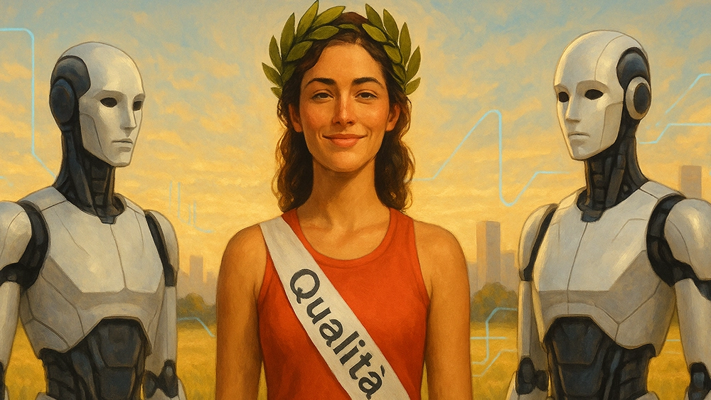 Un'atleta vincitrice tra due umanoidi rappresenta la vittoria dei siti di qualità rispetto a quelli scadenti