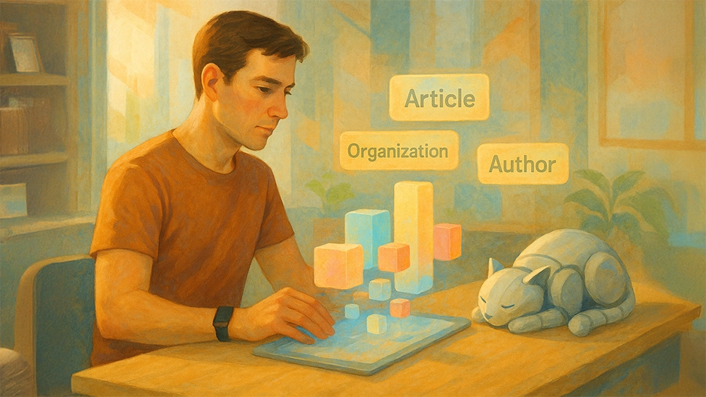 Una figura umana seduta davanti a un tavolo su cui un dispositivo futuristico piatto, simile a una tavoletta traslucida, proietta una serie di blocchi geometrici luminosi, rappresentazioni astratte di dati strutturati