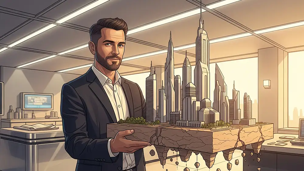 Un abilissimo e architetto sta presentando con orgoglio il plastico di una città futuristica, le cui fondamenta sono però fragili.