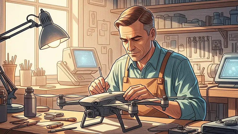 Un artigiano nel suo laboratorio, concentrato sulla creazione di un drone dal design futuristico