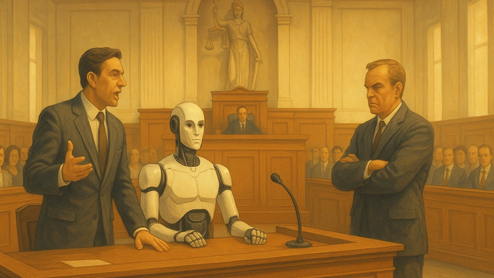 In un'aula di tribunale un robot umanoide è a processo. Il suo avvocato sta tenendo un'arringa mentre il pubblico ministero li osserva torvo