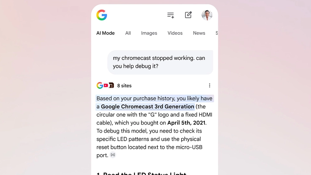 Un esempio di AI Mode con Personal Intelligence che mostra come la funzionalità possa suggerire il modello di un dispositivo posseduto dall'utente in modo proattivo