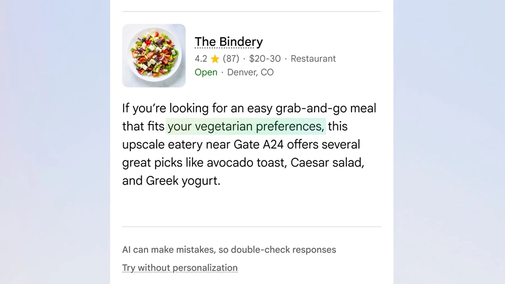 Un esempio di AI Mode con Personal Intelligence che mostra come la funzionalità possa ricordare le abitudini alimentari dell'utente