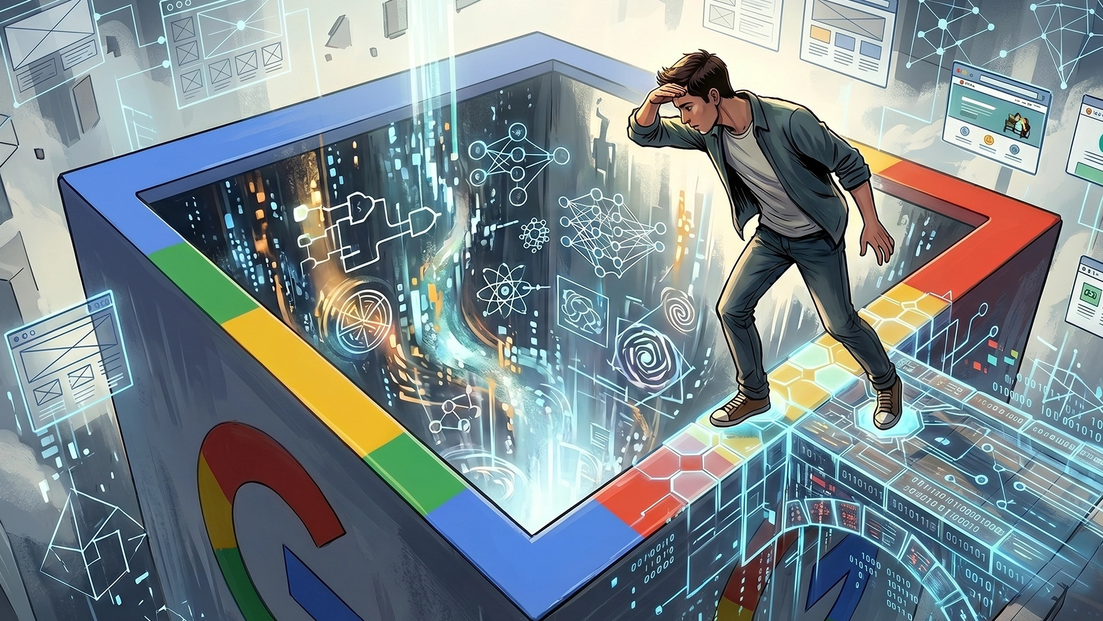 Un giovane è in bilico sul bordo di un abisso tecnologico che ha la forma e i colori iconici di un gigantesco box di ricerca Google. Si sporge pericolosamente in avanti, cercando di penetrare l'oscurità all'interno del box, da cui emergono flussi di dati che simboleggiano l'IA avanzata in evoluzione