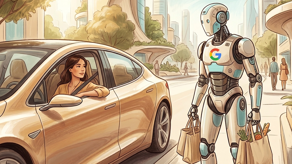Una donna seduta nella sua automobile attende un  robot umanoide con il logo di Google sul petto che ritorna dopo aver fatto la spesa per lei