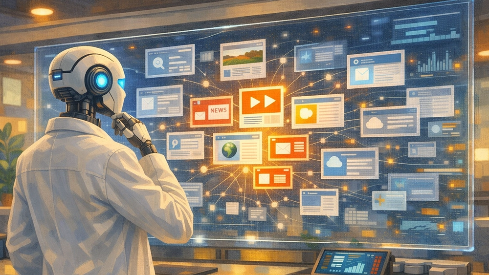 Un robot umanoide in camice bianco osserva uno schermo in cui ci sono contenuti di Google Discover ed è intento a scegliere i migliori da mostrare agli utenti