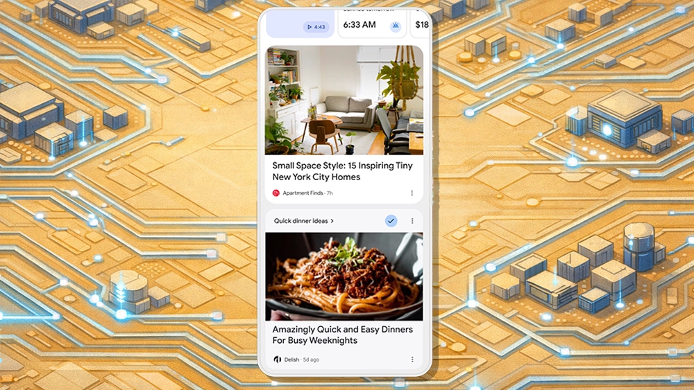 La rappresentazione grafica di uno smartphone su cui compare il feed di Google Discover
