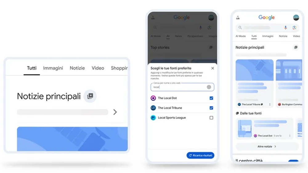 Degli screenshot ufficiali della funzionalità Fonti Preferite di Google Notizie