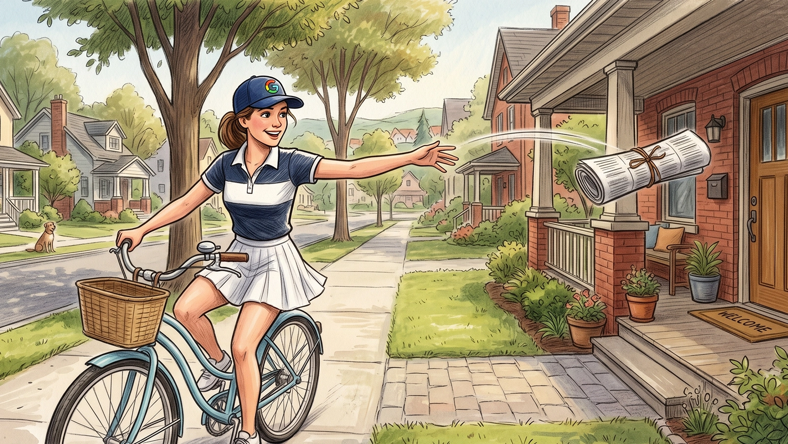 Una ragazza in bicicletta che indossa un cappellino con il logo di Google consegna un quotidiano arrotolato sull'uscio di una casa