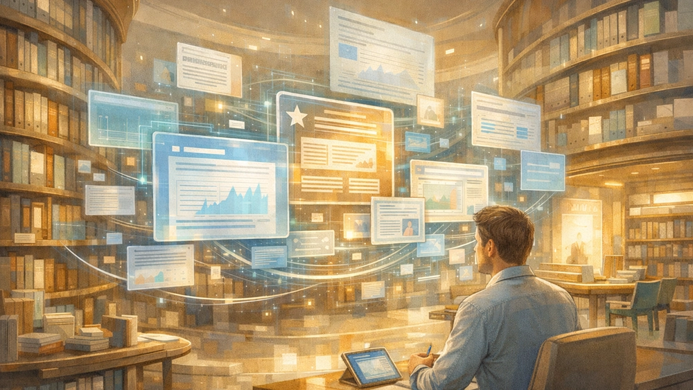 Un Google Quality Rater seduto a una scrivania di fronte a una serie di pagine web fluttuanti