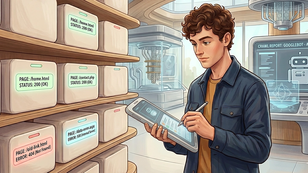 Un controller in un laboratorio verifica degli item etichettati con codici di stato a rappresentare pagine web verificando la loro corretta scansione da parte dei crawler di Google