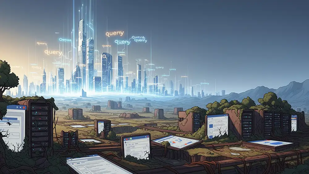 Dei vecchi server e dispositivi obsoleti in primo piano e in lontananza una città futuristica che rappresenta il futuro dei motori di ricerca