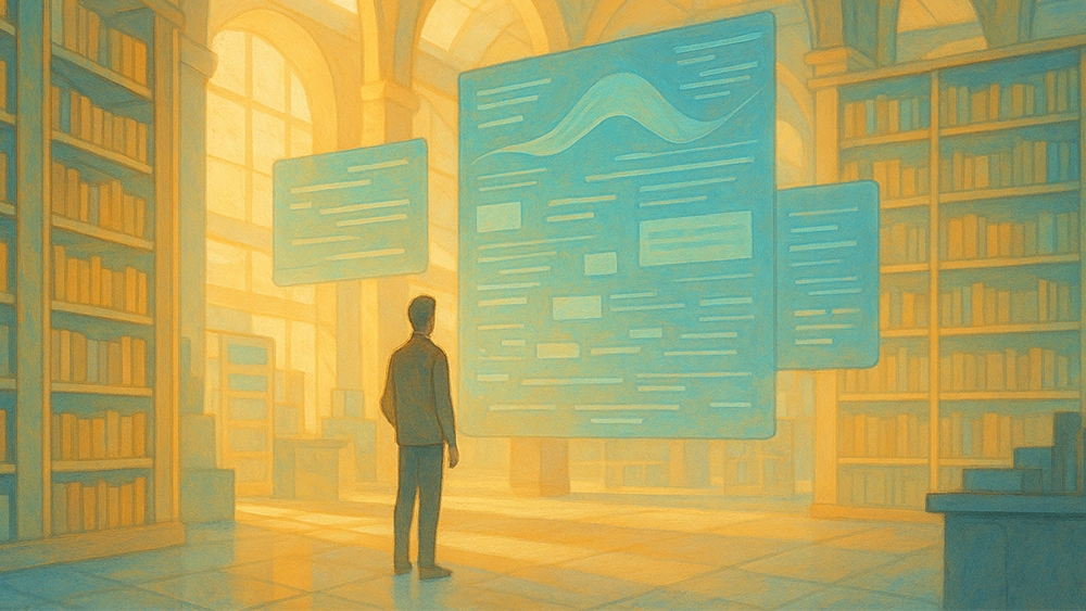 Un uomo in una grande biblioteca osserva degli scuri oleografici che rappresentano l'indice della stessa