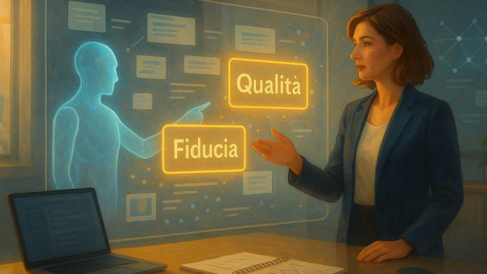 Una specialista SEO osserva uno schermo in cui un'interfaccia IA le indica qualità e affidabilità come elementi fondamentali