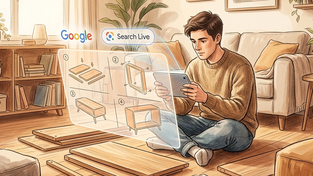 Un giovane nel suo salotto effettua una ricerca Google Search Live inquadrando con il suo dispositivo un mobile per ottenere informazioni sul montaggio dell'oggetto