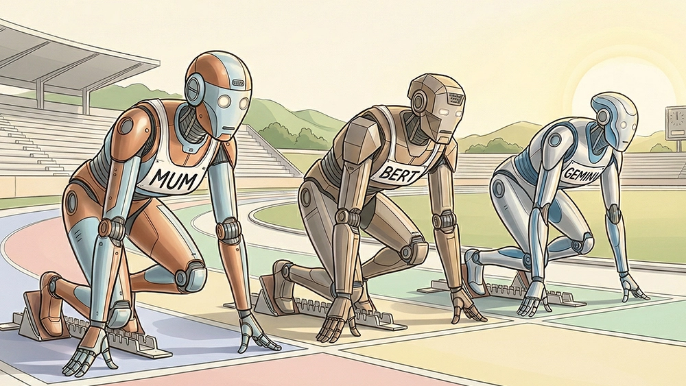 I modelli Google MUM, BERT e Gemini raffigurati come robot umanoidi ai blocchi di partenza su una pista di atletica.