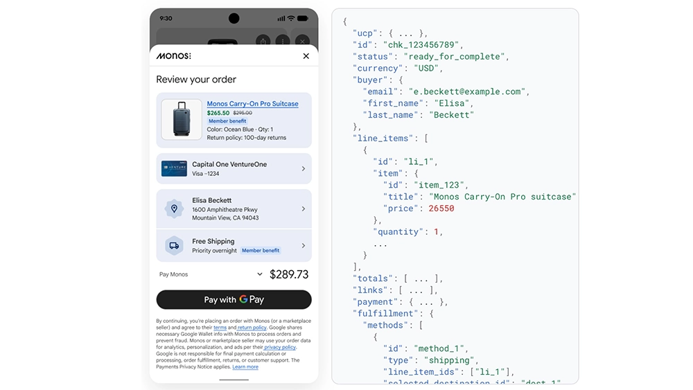 La simulazione di un checkout realizzato da un agente IA con il protocollo UCP su un sito di commercio elettronico.