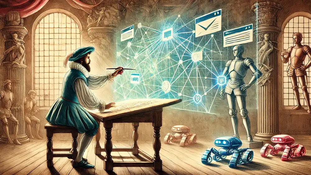 Un cartografo disegna una mappa digitale che rappresenta una sitemap, circondato da robot