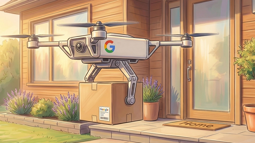 Un drone di Google sospeso a pochi centimetri dal suolo è intento a consegnare un pacco a domicilio