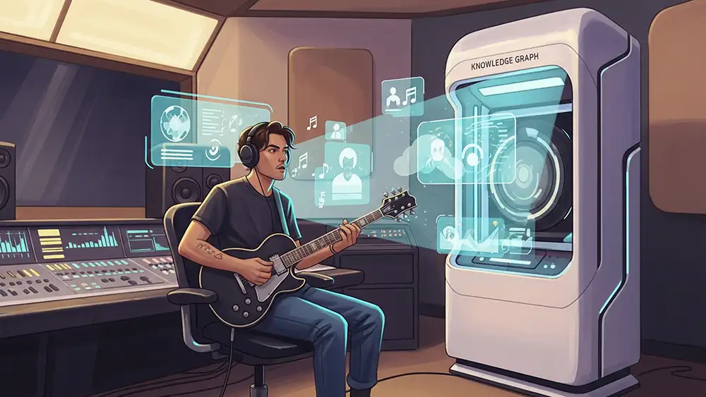 Una rockstar in uno studio di registrazione viene scansionata da un'apparecchiatura che rappresenta il Knowledge Graph